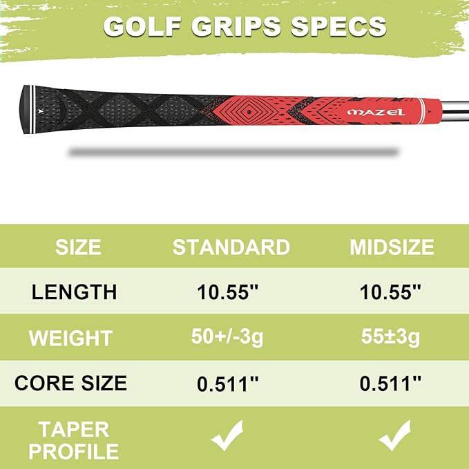 MAZEL Cord Rubber Golf Grips for Men - 10 Pack,All Weather Control Golf Club Grips Standard/Midsize,High Feedback & Traction