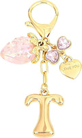 Snycler Bubble Initial Keychain with Strawberry & Bow- Gold Letter Bag Charms for Women, Cute Purse Handbag Accessories