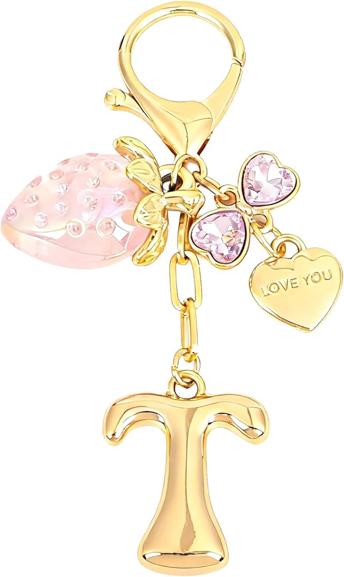 Snycler Bubble Initial Keychain with Strawberry & Bow- Gold Letter Bag Charms for Women, Cute Purse Handbag Accessories