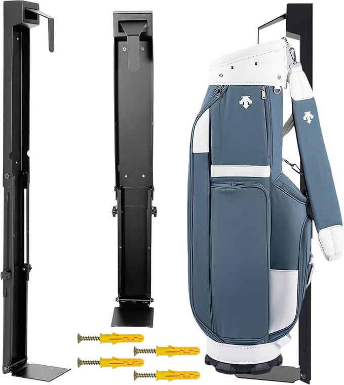 Adjustable Wall Mount Golf Bag Holder - 33.5" to 42.5" Tool-Free Length Adjustment, Heavy-Duty Alloy Steel Storage Rack for Garage, Home, and Golf Club Organization