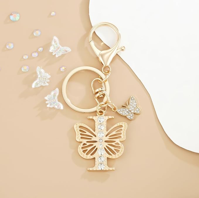 Gold Plated Alphabet Initial Letter Keyring Keychain for Women Girls Crystal Key Chains for Wallet Backpack Bag Charm