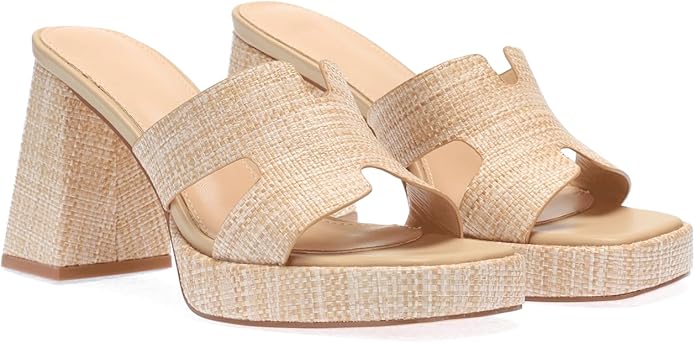 Monrovia Womens Sandals Heels for Women Slide On Block Chunky Platform High Heels Open Toe Raffia Wedge Sandals