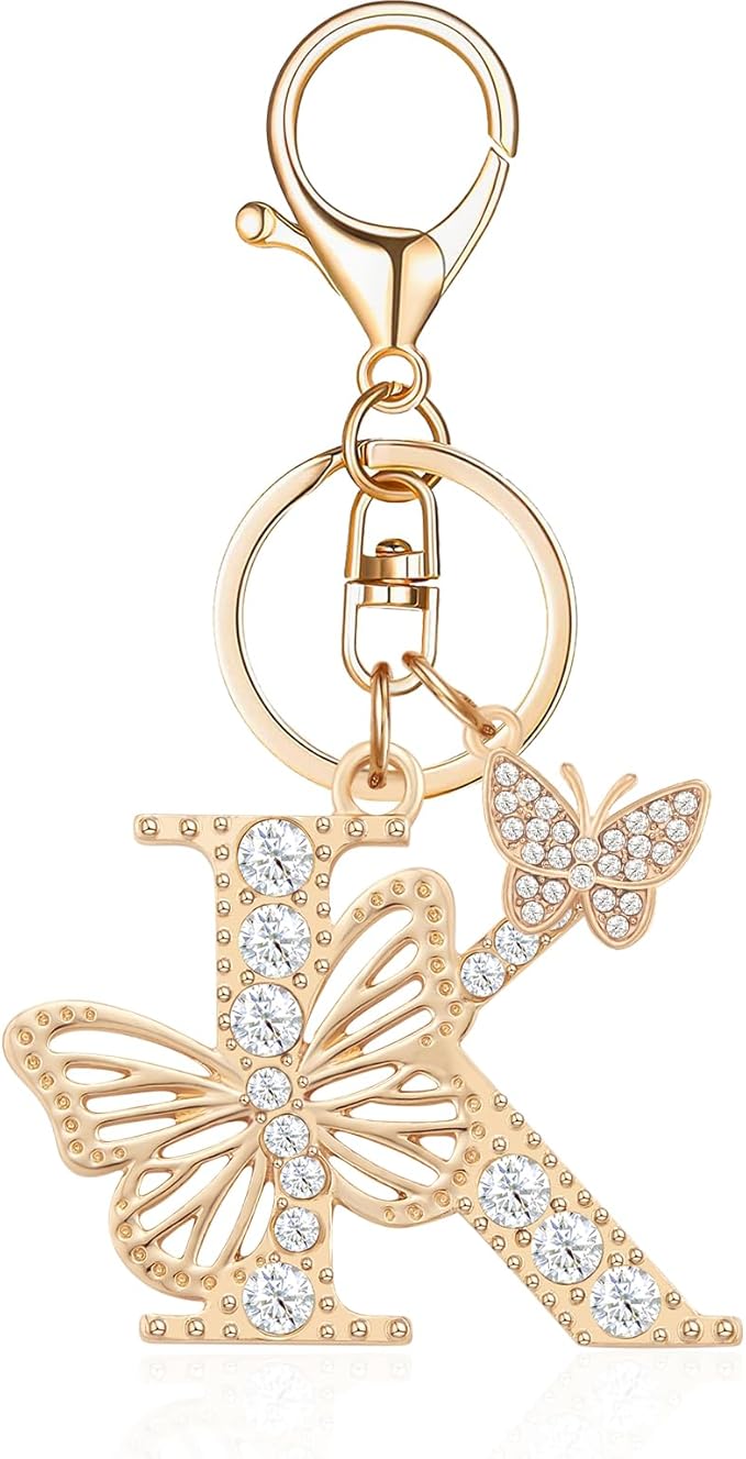 Gold Plated Alphabet Initial Letter Keyring Keychain for Women Girls Crystal Key Chains for Wallet Backpack Bag Charm