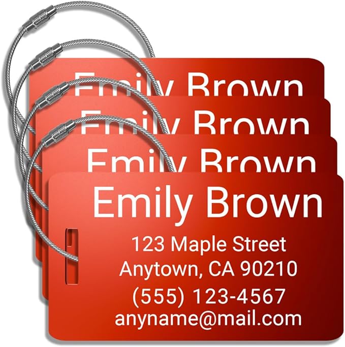 Personalized Luggage Tags for Suitcases 4 Pack – Custom Metal Name Tag for Travel, Golf Bag, and Baggage – Durable Aluminum Luggage Name Tags (Red, Horizontal)