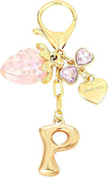 Snycler Bubble Initial Keychain with Strawberry & Bow- Gold Letter Bag Charms for Women, Cute Purse Handbag Accessories