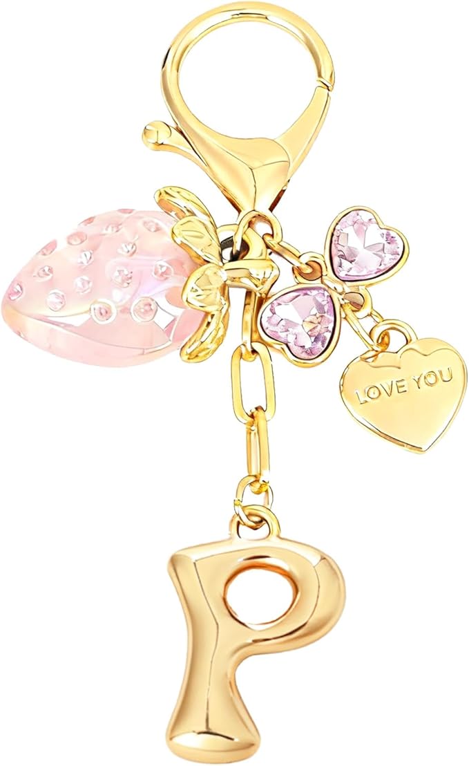 Snycler Bubble Initial Keychain with Strawberry & Bow- Gold Letter Bag Charms for Women, Cute Purse Handbag Accessories