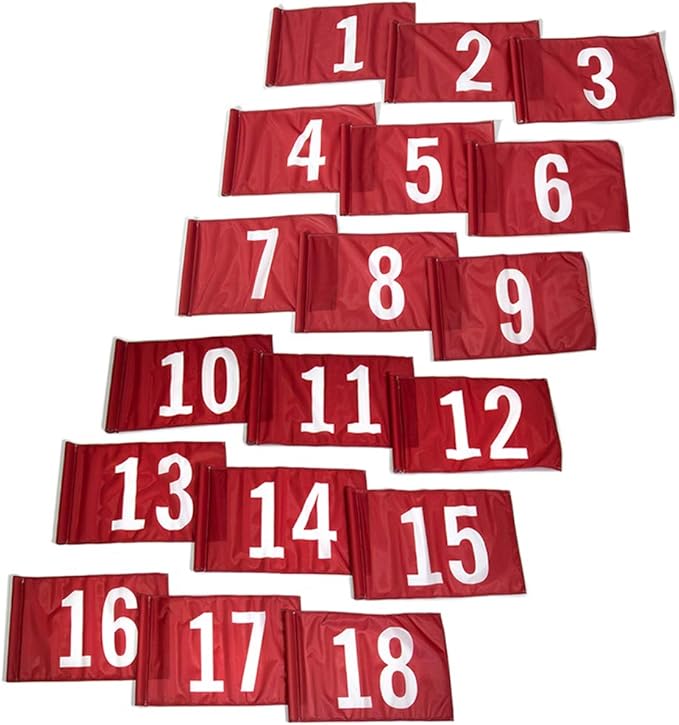 Vispronet Numbered Golf Flags for Putting Green (18) – 20in x 14in Red & White Flags Numbered 1-18, Golf Range Accessories for Courses, Outdoor Hole Flag, Durable Polyester Material