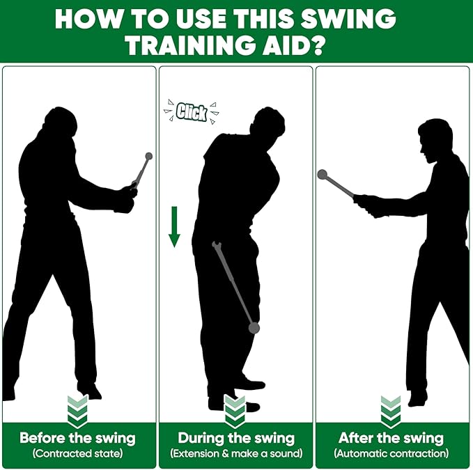 Retractable Golf Swing Training Aid - Portable Grip Trainer with Click Feedback for Right Handed Golfers, Portable Swing Tempo Trainer with Arm Band for Indoor & Outdoor Practice