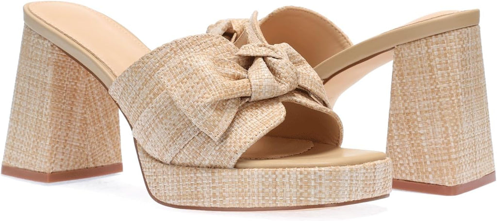 Monrovia Womens Sandals Heels for Women Slide On Block Chunky Platform High Heels Open Toe Raffia Wedge Sandals