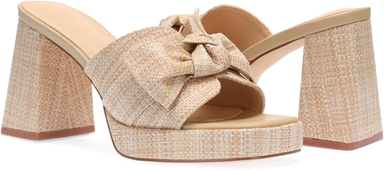 Monrovia Womens Sandals Heels for Women Slide On Block Chunky Platform High Heels Open Toe Raffia Wedge Sandals