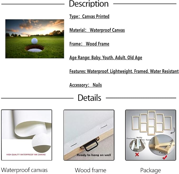 chenchenArt Golf Wall Art for Living Room Bedroom Home Decorations Golf Ball Picture Poster Canvas Prints Modern Artwork Framed Ready to Hang(12''H x 16''W)