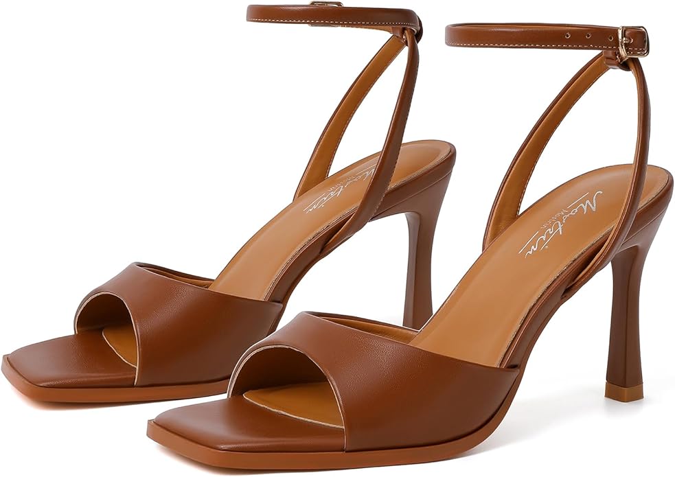 Mostrin Strappy Heels for Women Square Open Toe Lace Up Heeled Sandals Ankle Strap Sexy Stiletto High Heels for Party, Prom, Dating, Wedding