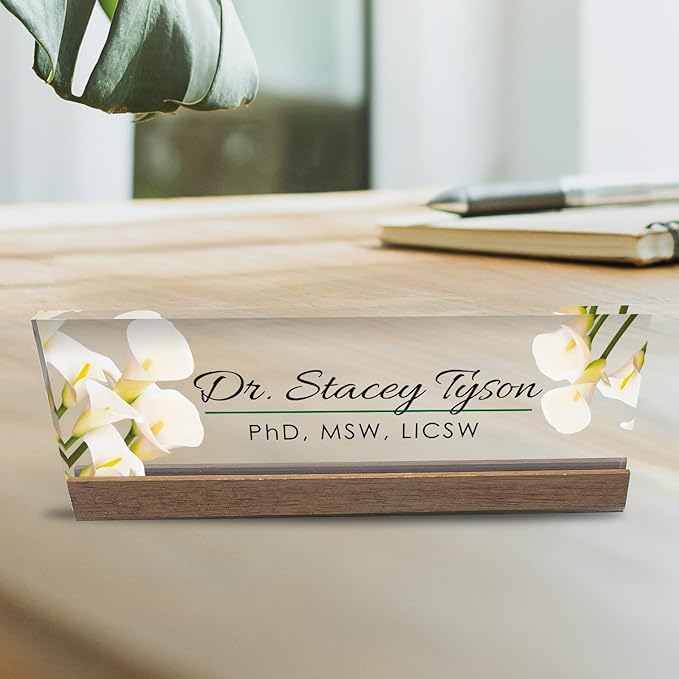 Artblox Personalized Office Desk Name Plate and Business Card Holder | Clear Acrylic Glass with Teak Wood Stand | Calla Flowers Design Customized with Your Name and Credentials Office Desk Decor