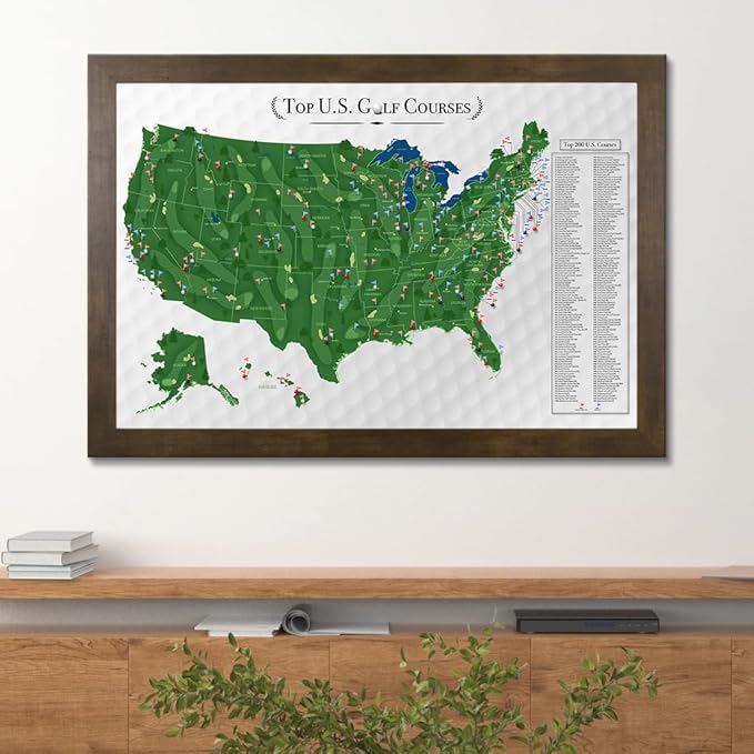 Push Pin Travel Maps Customizable Wall Art - Top Golf Courses USA Map - Rustic Brown - Framed Pin Map, Includes 150 Pins - Handcrafted in USA - 27.5" x 39.5"
