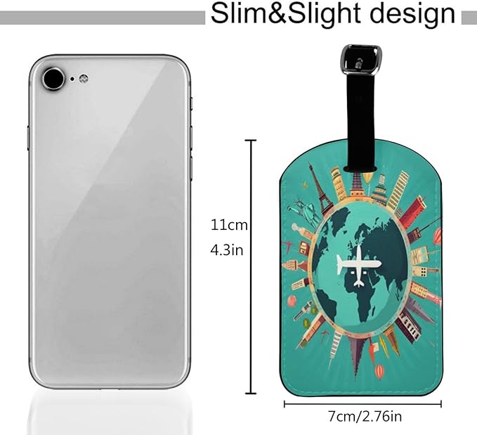 Funny Famous Landmarks Airplane Luggage Tag for Suitcases,Around World Map PU Leather Baggage Tags Bag Tags Travel Id Label for Luggage Women Men -1 Piece