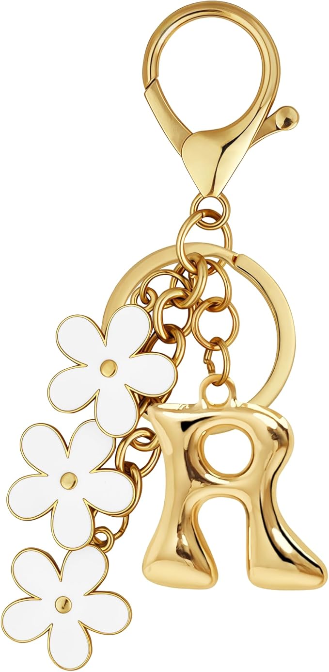 Gold Bubble Heart, Cherry, Bow & More Designs Letter Initial Keychain Bag Charms – Cute Purse Charms for Handbags