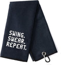 DYJYBMY Swing Swear Repeat Funny Golf Towel, Embroidered Black Golf Towel with Clip, Perfect Golf Birthday Gifts for Husband, Dad, Wife, Mom