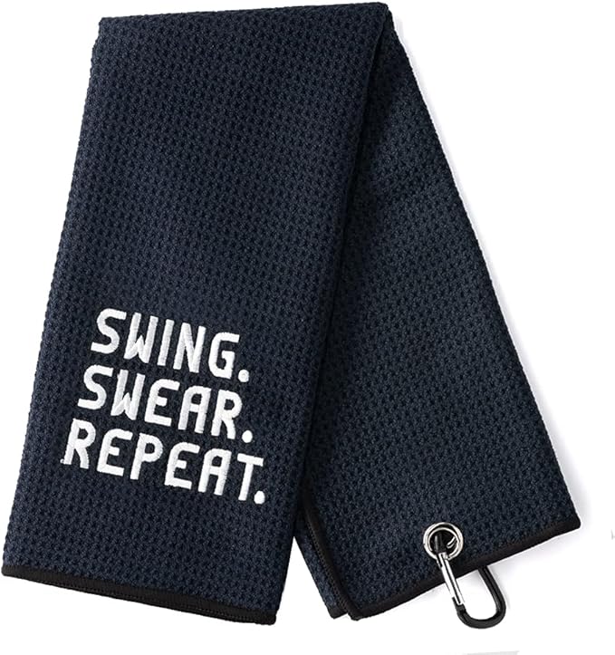 DYJYBMY Swing Swear Repeat Funny Golf Towel, Embroidered Black Golf Towel with Clip, Perfect Golf Birthday Gifts for Husband, Dad, Wife, Mom