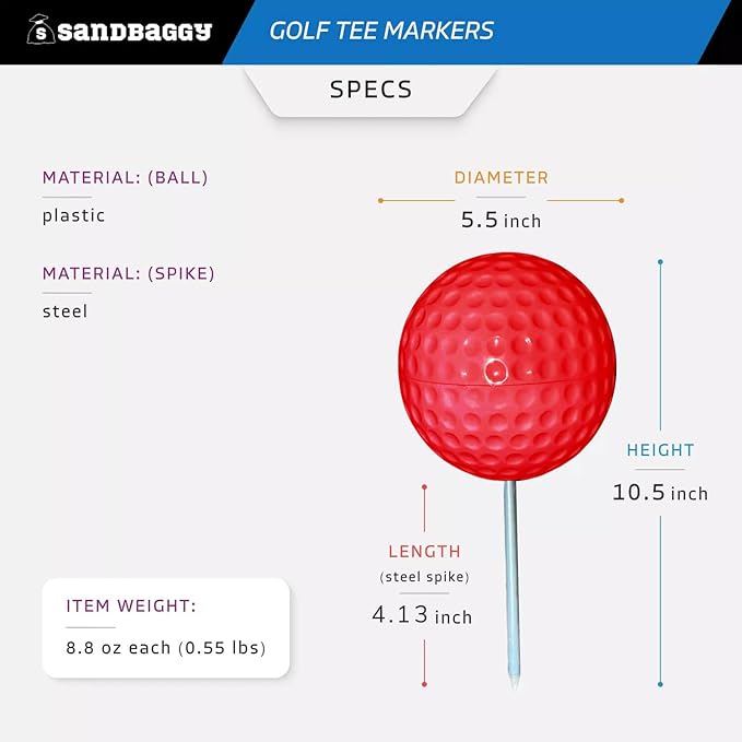 Sandbaggy Plastic Tee Markers for Golf Course (UV Resistant) - Steel Spike - Safety Caps Included