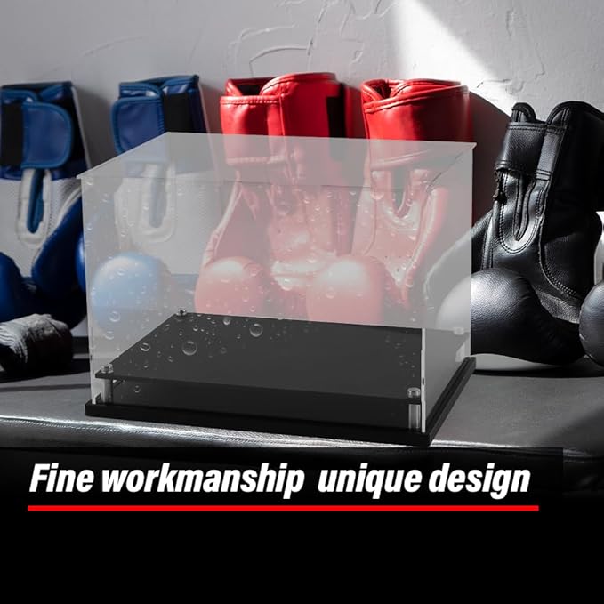 G-PLUS Boxing Glove Display Case,Fit for Full Size Boxing Glove and Baseball Glove Display Case Holder Showcase,Tennis Ball,Golf Ball,Helmet and More,Clear Case Black Base Riser Stand