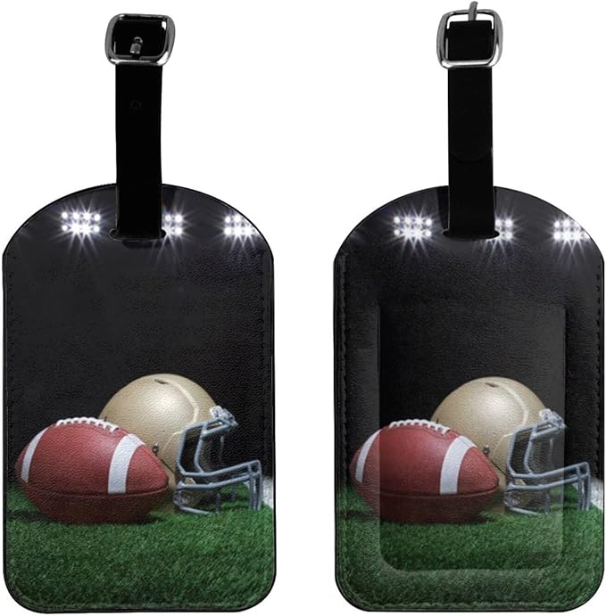 Ameican Football Luggage Tag for Suitcases,Sport Golden Helmet Grass Field PU Leather Baggage Tags Bag Tags Travel Id Label for Luggage Women Men -1 Piece