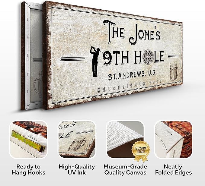 TAILORED CANVASES Golf Art Decor - Personalized Vintage Golf Wall Art Sign for Man Cave, Bedroom, Basement, Home Bar and Custom Gift for Husband, Dad, Wedding & Anniversary - 19th Hole Sign, 60"x30"