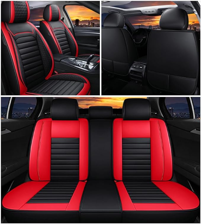 Leather Car Seat Covers for Volkswagen Golf 2001-2021,Car Seat Covers Full Set,Seat Covers with Safety,Waterproof Seat Cover Compatible Airbag(5pcs Black&Red Bars Standard)