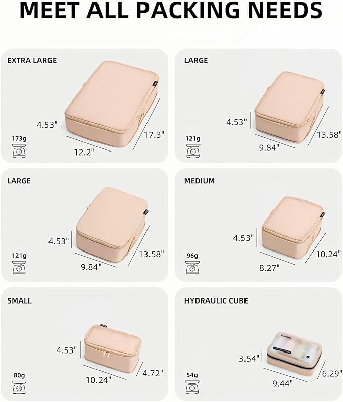 6 Set Compression Packing Cubes for Travel, Large Medium Small Luggage Organizers, Storage Bags for Clothes and Essentials (6 Pack, Mist Khaki)