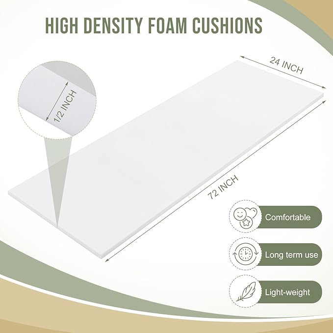 Frienda 2 Pcs Upholstery Foam 1/2" x 24" x 72" High Density Cushion White Polyurethane Craft Foam Padding for Seat Replacement DIY Projects Chairs Headboards Sofas Home