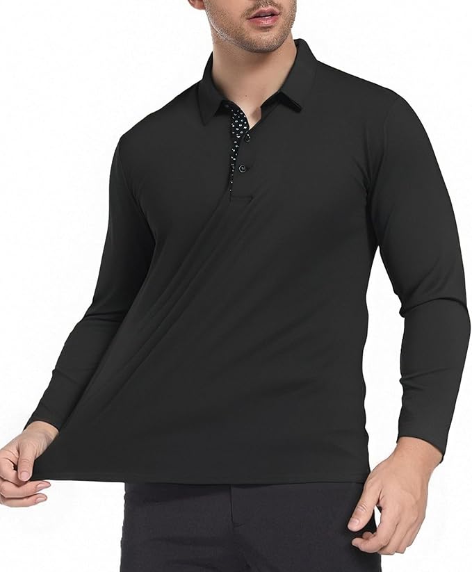 Alex Vando Mens Golf Shirt Moisture Wicking Quick-Dry Solid Long Sleeve Polo Shirts for Men