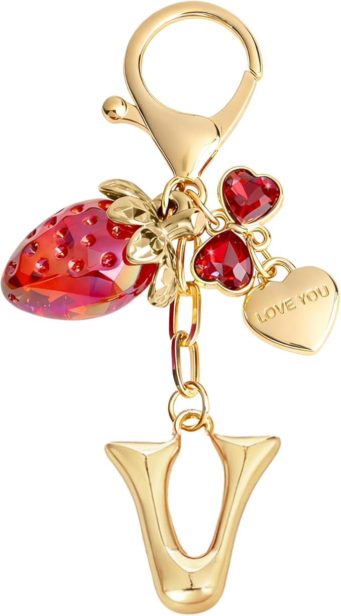 Snycler Bubble Initial Keychain with Strawberry & Bow- Gold Letter Bag Charms for Women, Cute Purse Handbag Accessories