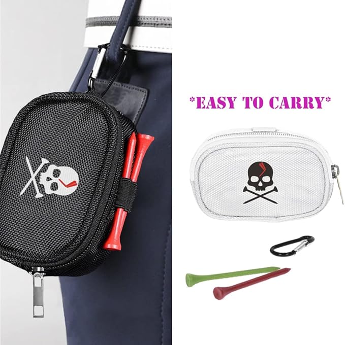 Skull Golf Ball Pouch Golf Tee Organizer Bag Golf Accessory Holder Waist Belt Polyester Key Storage Marker Component Pocket Zipper Hook Durable Sports Small Black Gift for Dad Men Women