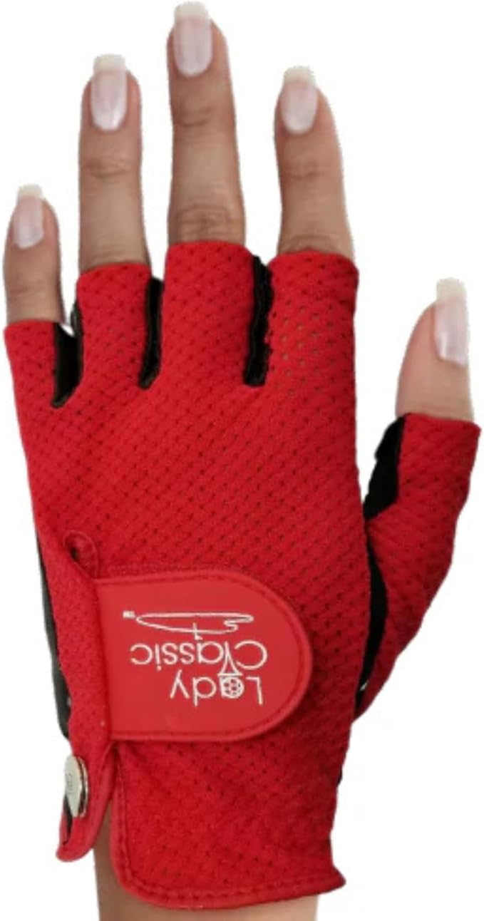 Mesh Half Golf Glove for Women – Premium Cabretta Leather Palm, Breathable Mesh Back, Half-Finger Design Ladies Golf Glove for Enhanced Grip & Comfort