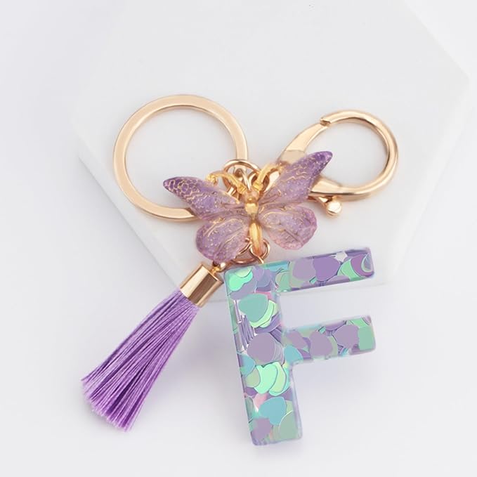 Suweibuke Colourful Cute Initial Letter Keychains for Women Girls with Tassel Butterfly, Charm for Purse Handbags Backpacks