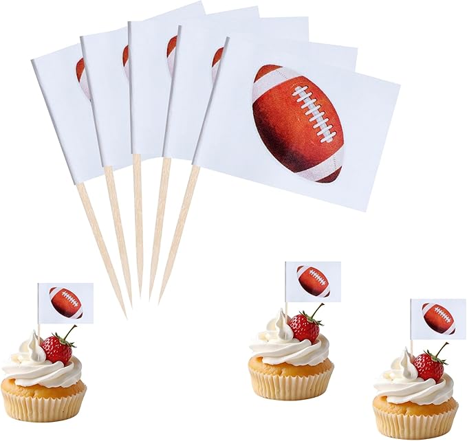 Rugby Cupcake Topper Flags Banner Mini Small Sports Balls Toothpick Stick Flags Sports Ball Game Cake Party Theme Decorations(100Pcs)
