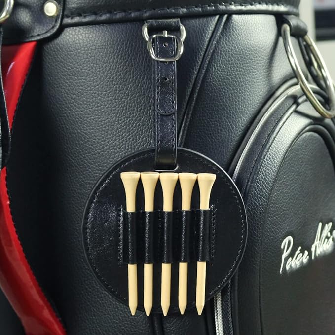 Leather Golf Tees Holder with 5 PCS Wooden Golf Tees 3-1/4 Inch Hook to Golf Bag Belt Clip for Golf Bag