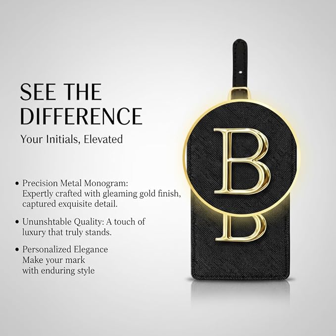 Personalized Initial Letter Luggage Tag for Suitcases PU Leather Baggage ID Tag with Metal Alphabet,Travel Accessory for Backpacks, Bags and Gift for Travelers (Black/Gold-Letter, B)