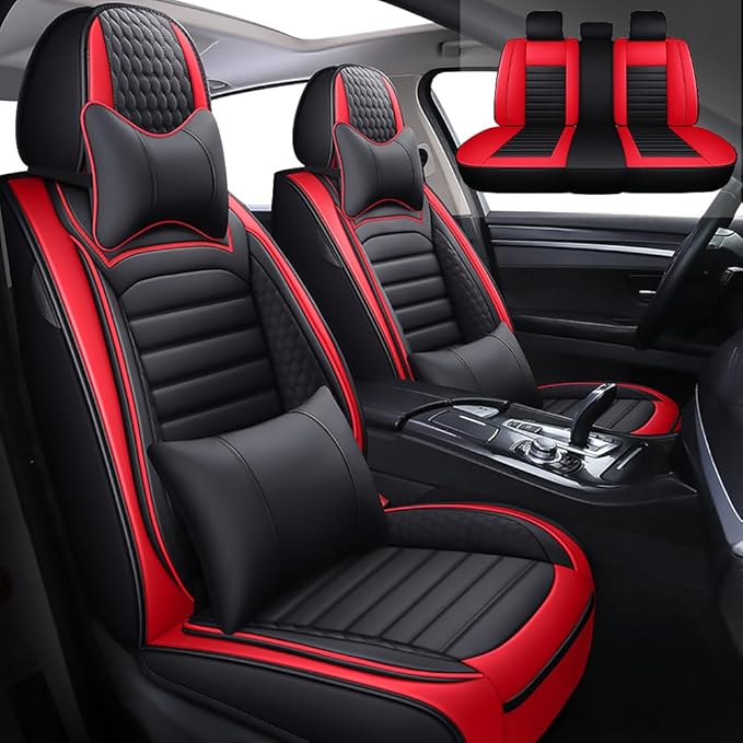 Leather Car Seat Covers for Volkswagen Golf 2001-2021,Car Seat Covers Full Set,Seat Covers with Safety,Waterproof Seat Cover Compatible Airbag(5pcs Black&Red Bars Luxury)