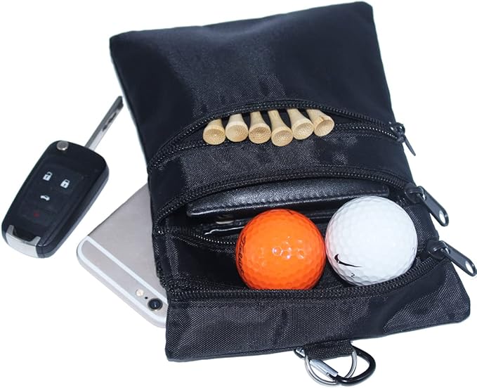 Golf valuables pouch, zipper golf ball bag with 4 pockets, golf accessories pouch for storing balls,tees,mobile phone,keys, cards and cash, great gift for golfers (2 PACK BLACK)