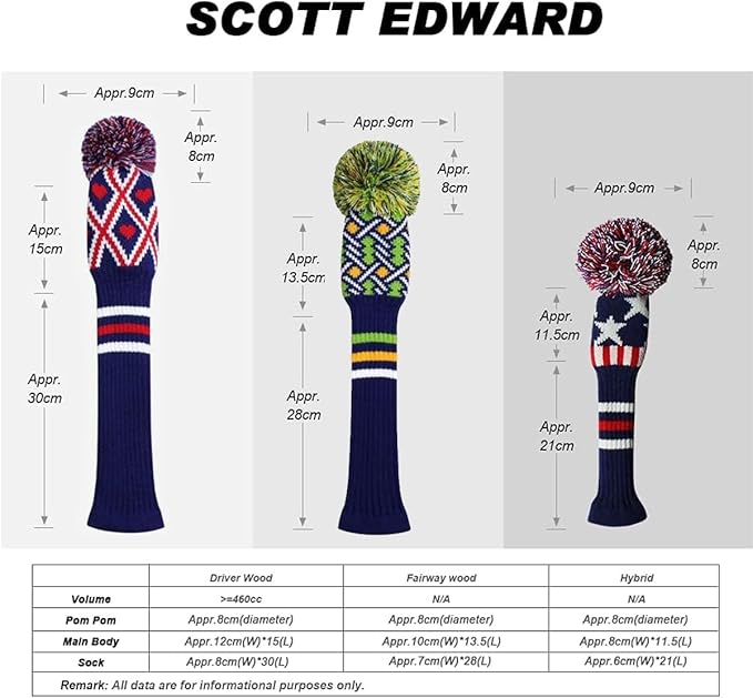 Scott Edward Knit Golf Head Covers for Woods Set of 3 Fits Well Driver(460cc) Fairway Wood and Hybrid(UT) The Perfect Change for Golf Bag
