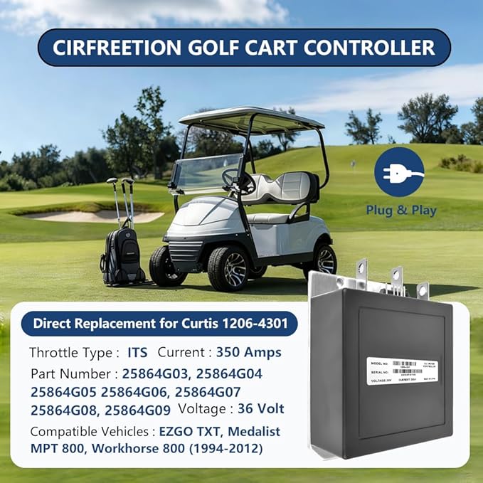 1206-4301 Golf Cart Controller, 36V 350A Speed Controller for EZGO TXT, Medalist, MPT 800, Workhorse 800 (1994-2012), Compatible with Curtis, ITS Throttle Type, 5-Pin, Part Number 25864G09, 25864G04