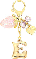 Snycler Bubble Initial Keychain with Strawberry & Bow- Gold Letter Bag Charms for Women, Cute Purse Handbag Accessories