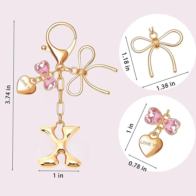 Gold Bubble Initial Keychain with Bow Decoration Bag Charms for Women, Cute Purse Handbag Accessories Gift