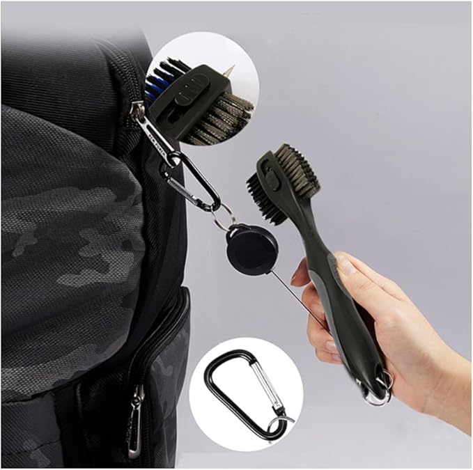 Golf Club Brushes, Golf Cleaning Tool, with Retractable Cleaning Nails, Nylon and Wire Bristles Oversize Double Brush Head with 2ft Retractable Zip-line Metal Buckle