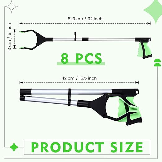 Ctosree 8 Pack 32" Trash Grabber Reacher Tool for Elderly, Foldable Litter Picker Upper, Lightweight Trash Pick up Stick, Long Handy Mobility Aids for Home Garden Arm Extension(Green)