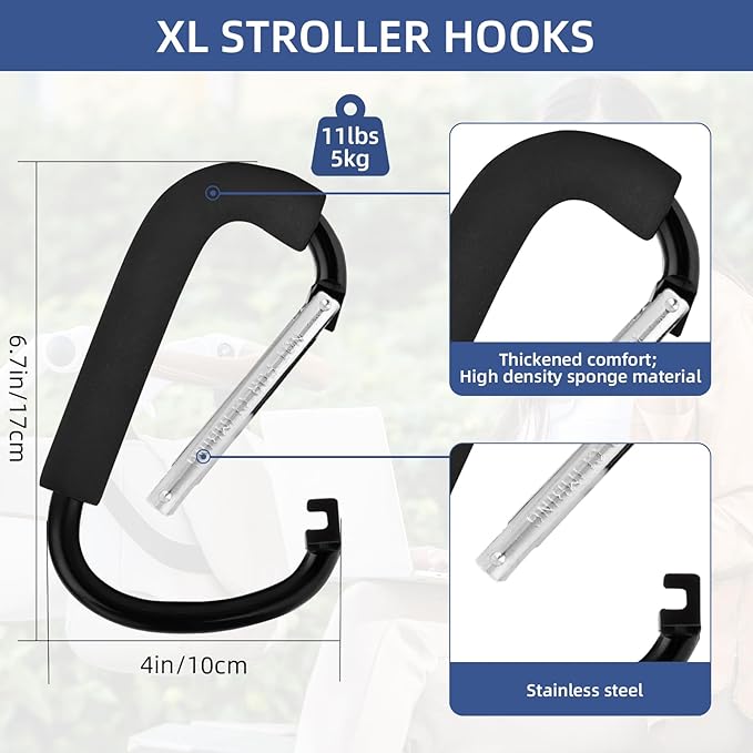 2 Pack Stroller Hooks, 6.3" Large Stroller Clip, Extra Large Carabiner, Big Carabiner Clip Heavy Duty, Universal Stroller Accessories for Mommy, Hang Shopping Bags, Purses, Diaper Bags, and Tools