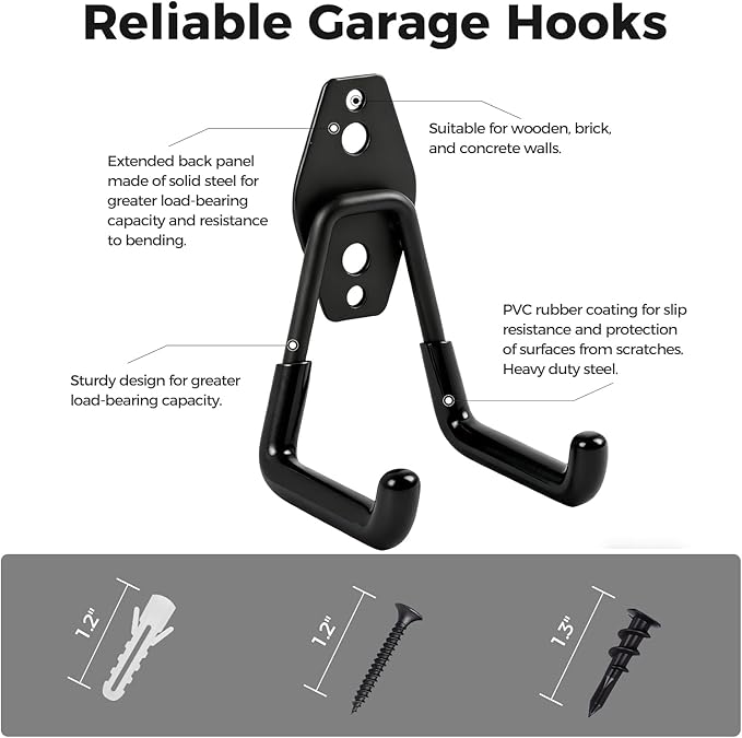 Garage Hooks Heavy Duty - 20 Pack Garage Wall Hangers with Anti-Slip Coating for Hanging Bikes Ladders Garden Tools