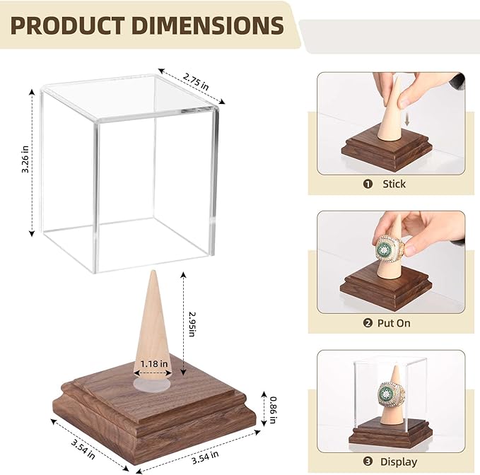 Championship Ring Display Case Baseball Softball Football Ring Holder Wanult Wood Base Acrylic Sports Ring Display Case Stand for Men Wooden Ring Box for Women Memorabilia Showcase Cube Collectibles