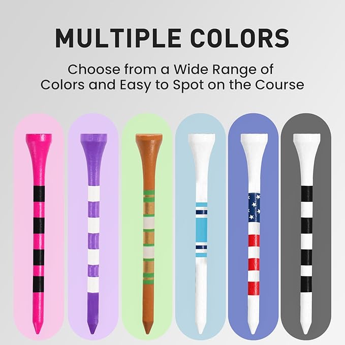 FINGER TEN Golf Tees Wood 3 1/4 2 3/4 Inch Value 50/120 Count, Durable Tees with Bright Colored Stripes for Consistent Height, 70mm 83mm Long Tees Ideal for Golfers