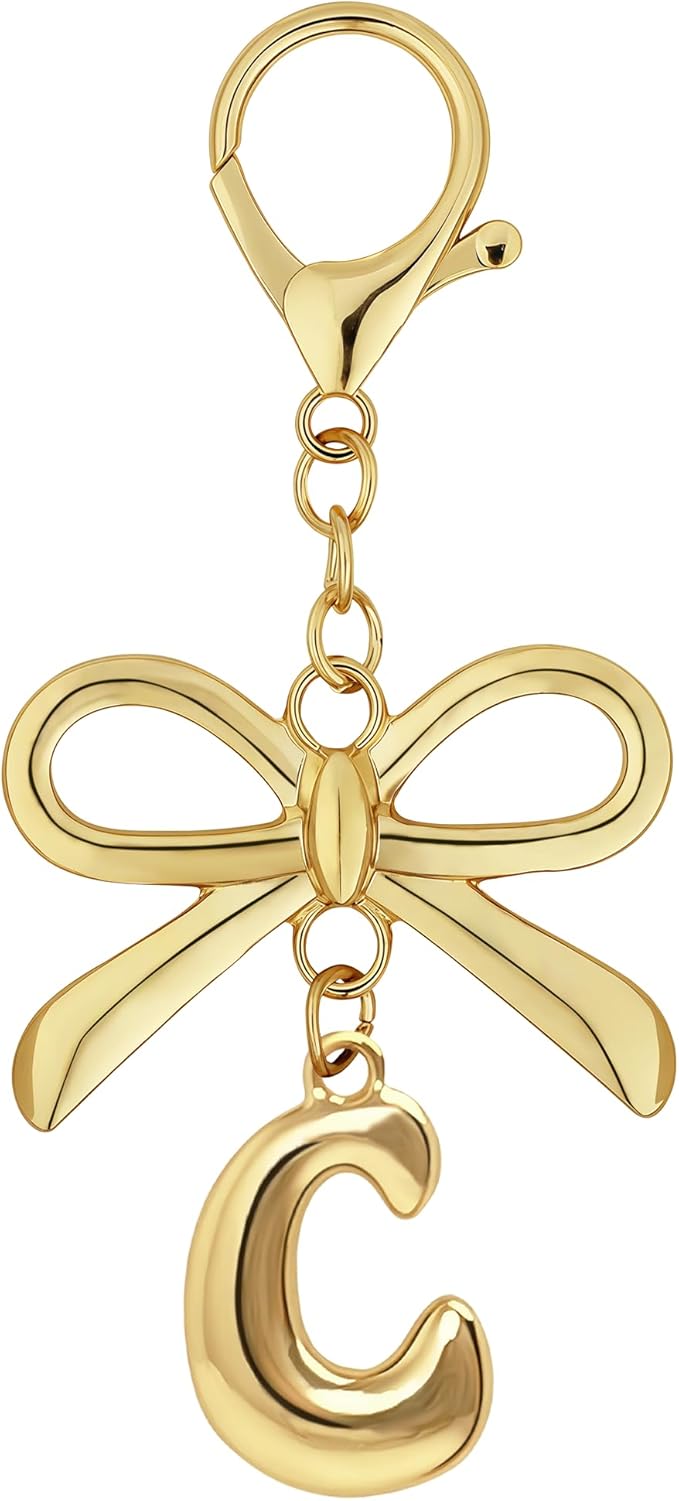 Gold Bubble Heart, Cherry, Bow & More Designs Letter Initial Keychain Bag Charms – Cute Purse Charms for Handbags